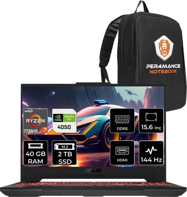 Asus Tuf Gaming A15 R7 7735HS 40 GB 2 TB SSD RTX4050/6 GB 144 Hz 15.6" FHD FDOS LP051 & PER4 Çanta - Image 1