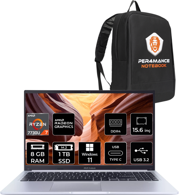 Asus Vivobook 15 M1502YA RYZEN 7 7730U 8GB RAM 1TB SSD 15.6'' FHD W11HOME NJ119W & PER4 Çanta - Image 1
