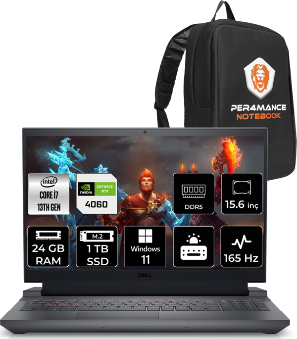 DELL G15 5530 i7 13650HX 24GB 1TB SSD RTX4060/8GB 140W 15.6'' FHD W11P G155530013 & PER4 Çanta - Image 1