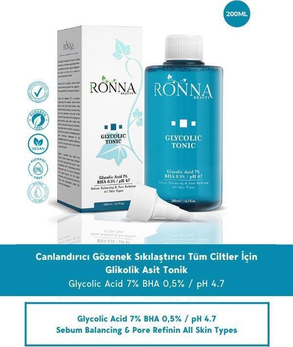Ronna Beauty Gözenek Sıkılaştırıcı Glycolic Tonic 200 ml BHA 0,5% pH 4.7 - Image 1