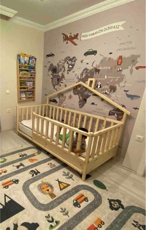 Baby Kinder Back Roofed Doğal Ahşap Yatak Montessori Bebek Ve Çocuk Karyolası - Image 1