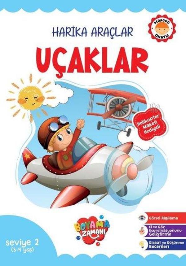 Harika Araçlar Uçaklar Seviye 2 (3 - 4 Yaş) Helikopter Maketi Hediyeli - Boyama Zamanı Yayınları - Image 1