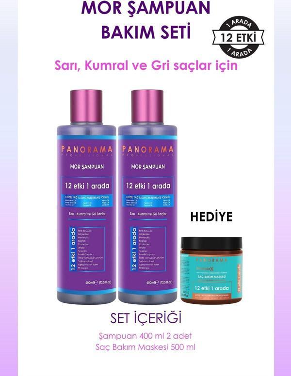 Panorama Professional Mor Şampuan ve Saç Bakım Seti 8 Özel Yağ 400ml X2 Şampuan + Saç Maskesi Hediyeli Set - Image 1