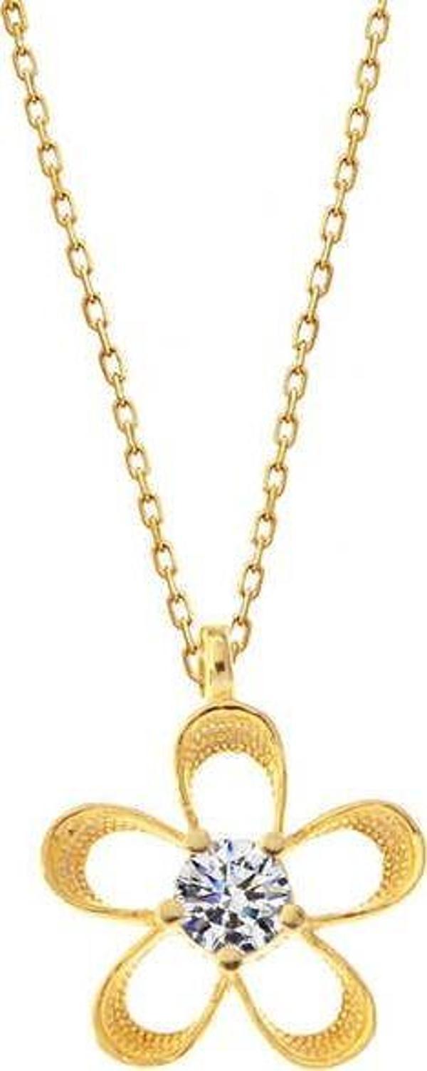 ​925 Ayar Gümüş Gold Zirkon Taşlı Çiçek Kadın Kolye - Image 1