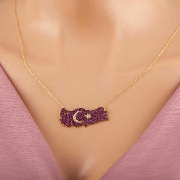 925 Ayar Gümüş Gold Ay Yıldız Türkiye Haritası Kadın Kolye - Image 1