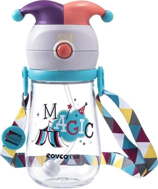 Rovco 350ml Pipetli Eğlenceli Sihirbaz Desenli Ve Şapkalı Akıllı Pipet Toplu Tritan Su Matarası - Image 1