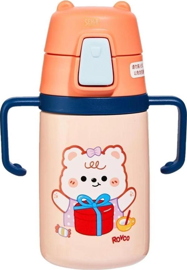 Rovco 400ml Silikon Pipetli Sevimli Ayıcıklı Boyun Askılı Bebek Kulplu Paslanmaz Çelik Termos - Image 1