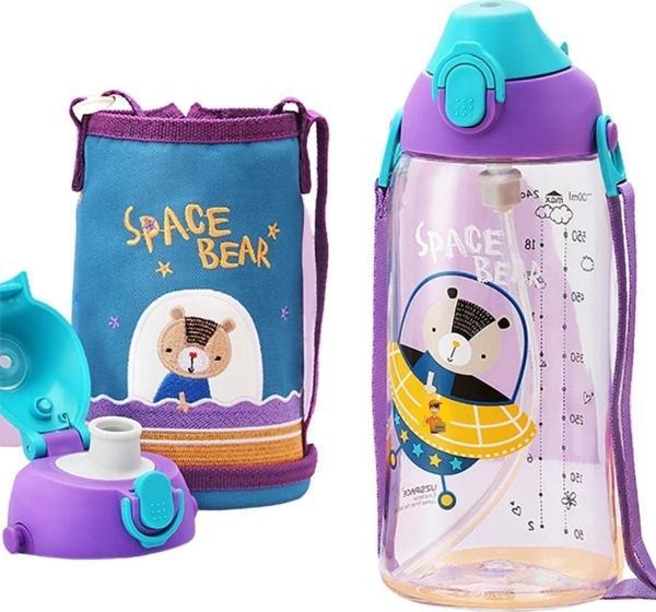 Uzspace Büyük Boy 700ml Kılıflı Askılı Pipetli/pipetsiz Iki Ayrı Kapaklı Tritan Çocuk Matarası - Image 1