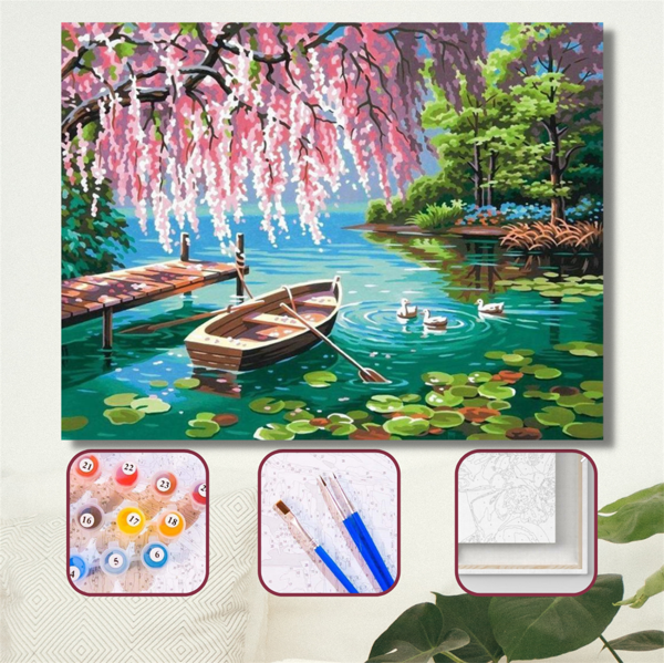 Pastelya Sayılarla Boyama Seti Çerçeveli Kasnaklı Pembe Söğüt Ve Göl - Image 1