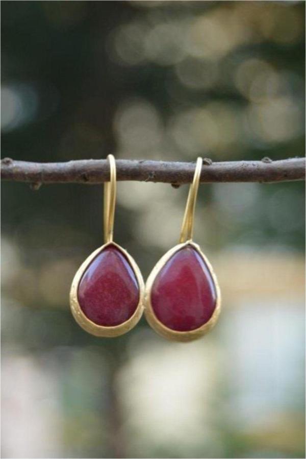 Stoneage Altın Kaplama Vişne Rengi Jade Taşlı Kadın Küpe Pembe - Image 1