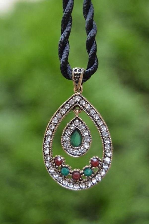 Stoneage Çift Damla Bronz Kadın Kolye Zincir Hediyeli Yeşil ve Bordo - Image 1