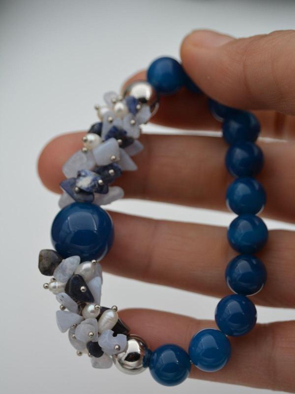 Stoneage Güzel Bayan Bileklik Ceyt Inci Ve Lapis Lazuli Taşlı El Yapımı Lacivert Beyaz - Image 1