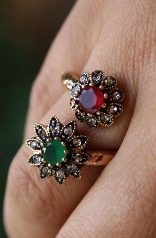 Stoneage Jewellery Bronz Yüzük Çift Çiçek Mavi ve Yeşil - Image 1