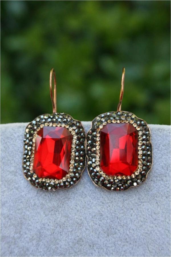 Stoneage Jewellery Kristal Taşlı El Yapımı Küpe Kırmızı - Image 1