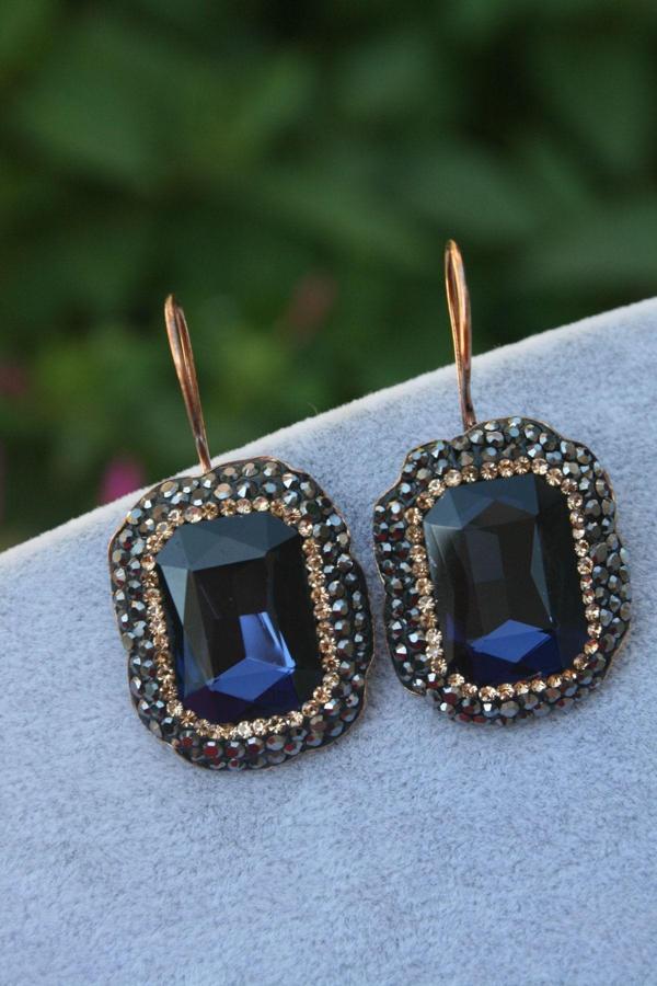 Stoneage Kristal Taşlı El Yapımı Kadın Küpe Lacivert - Image 1