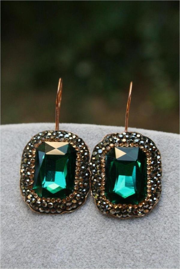 Stoneage Kristal Taşlı El Yapımı Kadın Küpe Ördek Yeşili - Image 1