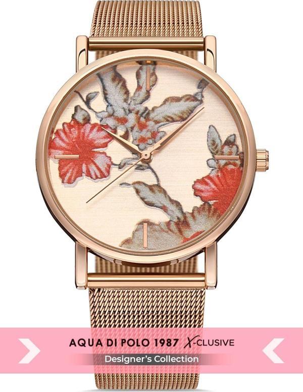 Aqua Di Polo 1987 Kadın Çiçekli Hasır Metal Kol Saati Apl12c670h08 - Image 1