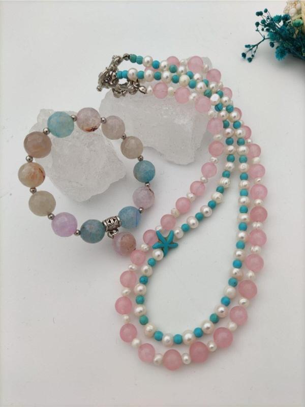 Stoneage Pembe Kuvars Ve Inci Şifa Kolyesi Açık Pembe - Image 1