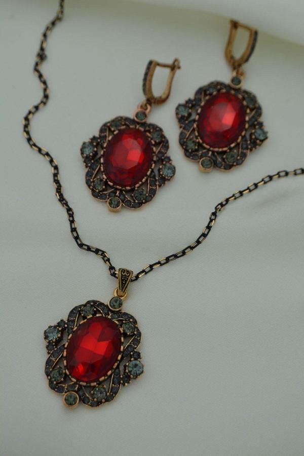 Stoneage Yakut Ve Zirkon Taşlı Kolye Ve Küpe Set Takım Kırmızı - Image 1