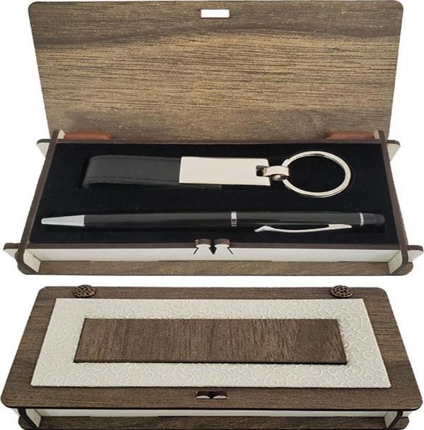 Ahşap Kutulu Siyah Anahtarlık Kalem Set Dekoratif Hediyelik - Image 1