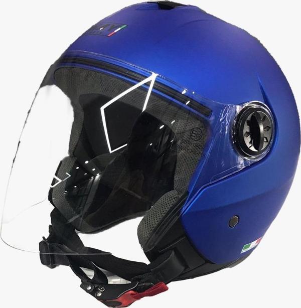 Sway 715 Şeffaf Vizörlü Yarım Motosiklet Scooter Kaskı M Beden Solid Metalic Blue - Image 1