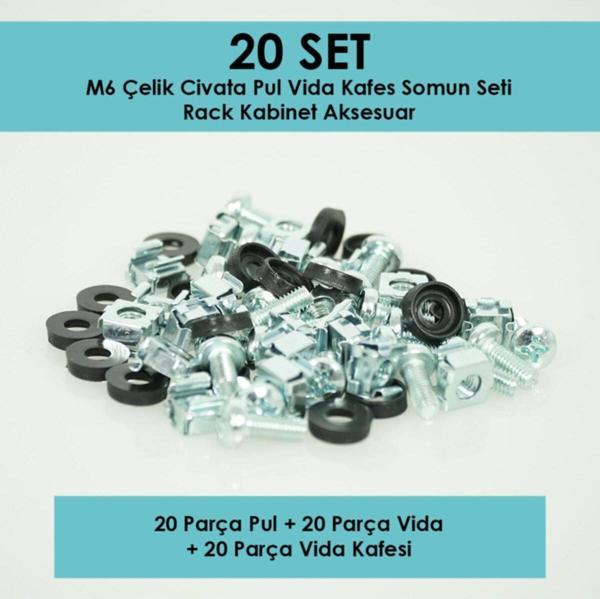 Rack Kabinet M6 Çelik Cıvata Pul Vida Kafes Somun Seti Çinko Kaplamalı 20li Set - Image 1