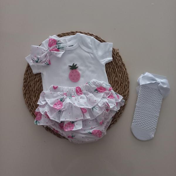 MARS BABY Kız Bebek Ananas Fırfır Şort Etek Bodyli Beyaz File Takımı - Image 1