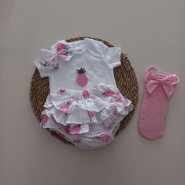 MARS BABY Kız Bebek Ananas Fırfır Şort Etek Bodyli Pembe File Takımı - Image 1