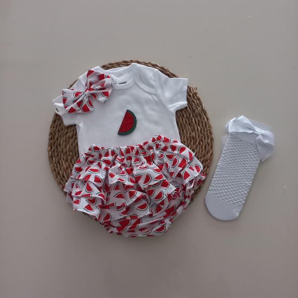 MARS BABY Kız Bebek Karpuz Fırfır Şort Etek Bodyli Beyaz File Çorap Takımı - Image 1