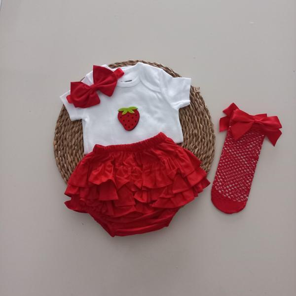 MARS BABY Kız Bebek Kırmızı Çilek Fırfır Şort Etek Bodyli Kırmızı File Takımı - Image 1