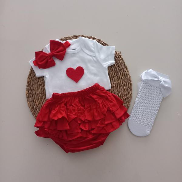 MARS BABY Kız Bebek Kırmızı Kalpli Fırfır Şort Etek Bodyli Beyaz File Takımı - Image 1