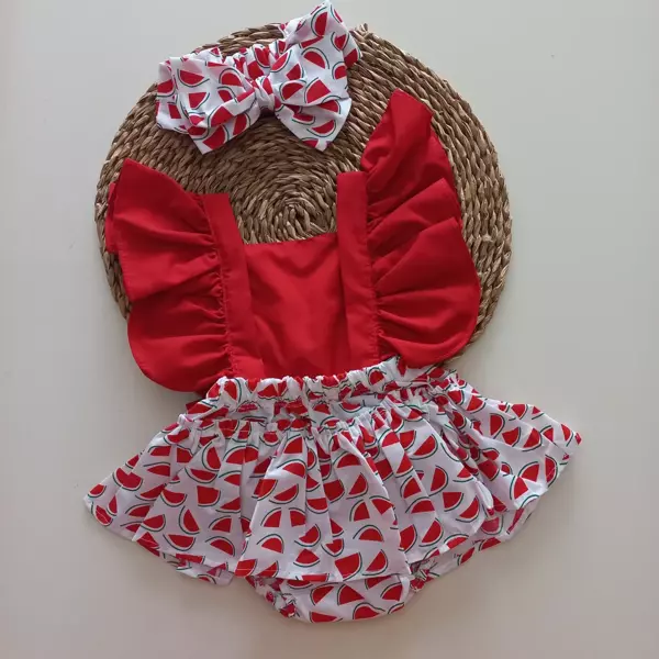 MARS BABY Kız Bebek Kırmızı Karpuz Desenli Fırfırlı Salopet Bandana Takım - Image 1