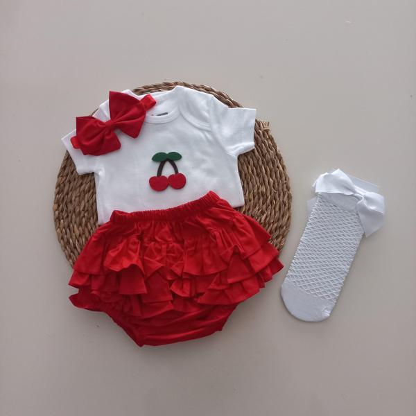 MARS BABY Kız Bebek Kırmızı Kiraz Fırfır Şort Etek Bodyli Beyaz File Takımı - Image 1