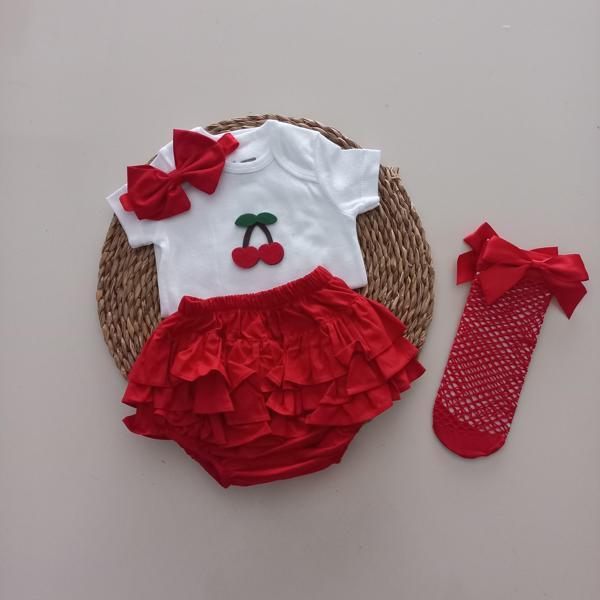 MARS BABY Kız Bebek Kırmızı Kiraz Fırfır Şort Etek Bodyli Kırmızı File Takımı - Image 1