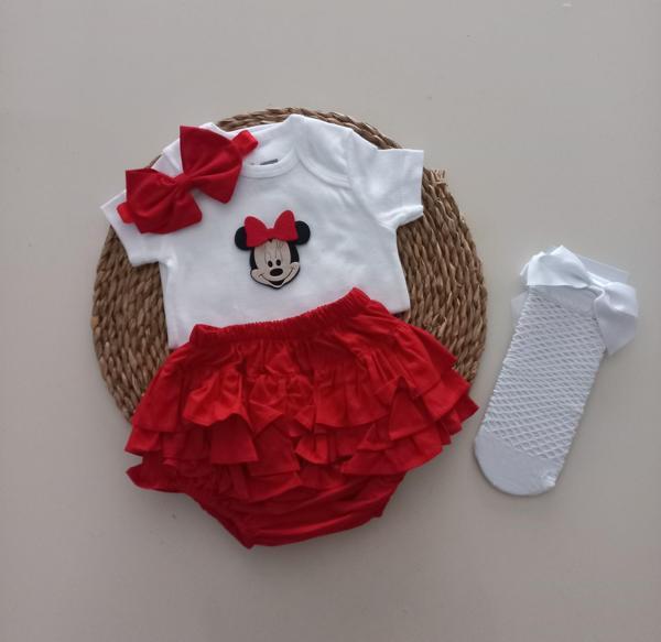 MARS BABY Kız Bebek Kırmızı Minnie'li Fırfır Şort Etek Bodyli Beyaz File Takımı - Image 1