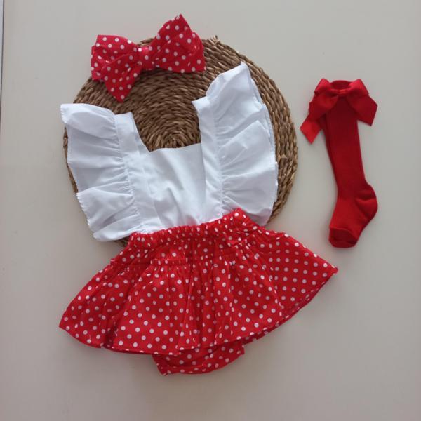 MARS BABY Kız Bebek Kırmızı Puantiyeli Fırfırlı Salopet Bandana Fiyonklu Çorap Takım - Image 1