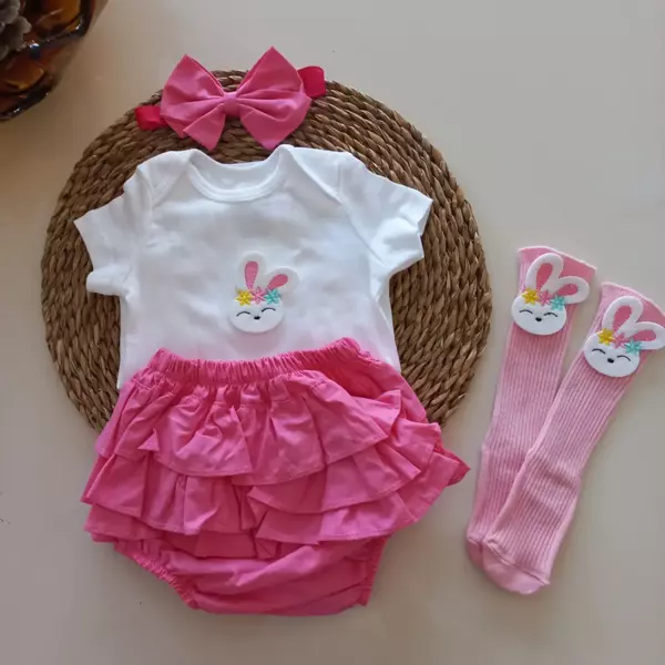 MARS BABY Kız Bebek Pembe Fuşya Tavşan Figürlü Badili Bandanalı Fırfırşort Etek Takım - Image 1