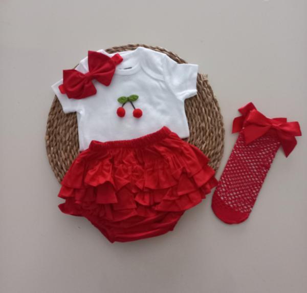 MARS BABY Kız Bebek Ponpon Kiraz Fırfır Şort Etek Bodyli Kırmızı File Takımı - Image 1
