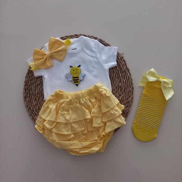 MARS BABY Kız Bebek Sarı Arılı Fırfır Şort Etek Bodyli Sarı File Takımı - Image 1