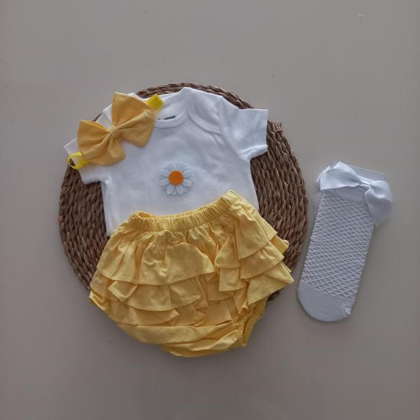 MARS BABY Kız Bebek Sarı Çiçek Fırfır Şort Etek Bodyli Beyaz File Takımı - Image 1