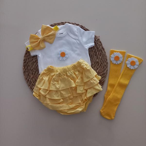 MARS BABY Kız Bebek Sarı Çiçek Fırfır Şort Etek Bodyli Çorap Takımı - Image 1