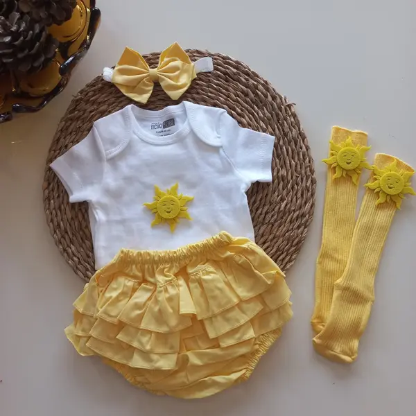 MARS BABY Kız Bebek Sarı Fırfırşort Etek Bandana Güneş Figürlü Çorap Set - Image 1