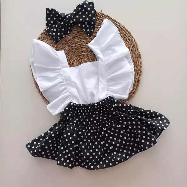 MARS BABY Kız Bebek Siyah Puantiye Desenli Fırfırlı Salopet Bandana Takım - Image 1