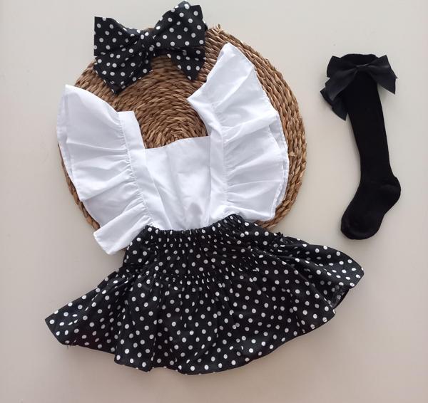 MARS BABY Kız Bebek Siyah Puantiyeli Fırfırlı Salopet Bandana Fiyonklu Çorap Takım - Image 1