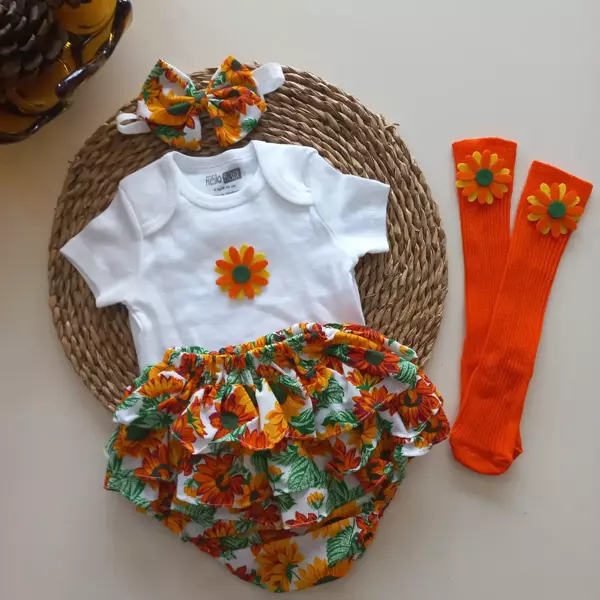 MARS BABY Kız Bebek Turuncu Ayçiçeği Desenli Fırfırşort Etek Badi Bandanalı Takım - Image 1