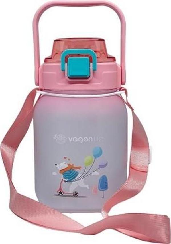 Vagonlife VGN2275-T Pembe 1100ML Çocuk Pipetli/Pipetsiz Kullanım Su Matarası -Askılı- -Çıkartma Hedi - Image 1