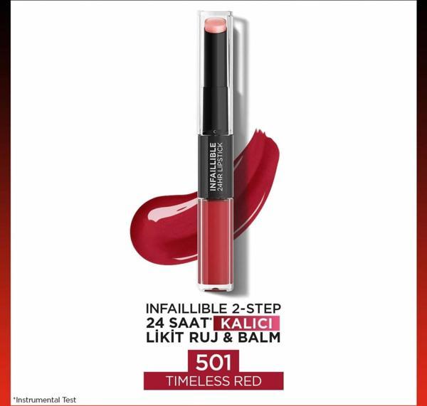 L'Oréal Paris Infaillible 2-Step 24 Saat Kalıcı Likit Ruj & Balm - 501 Timeless Red - Image 1