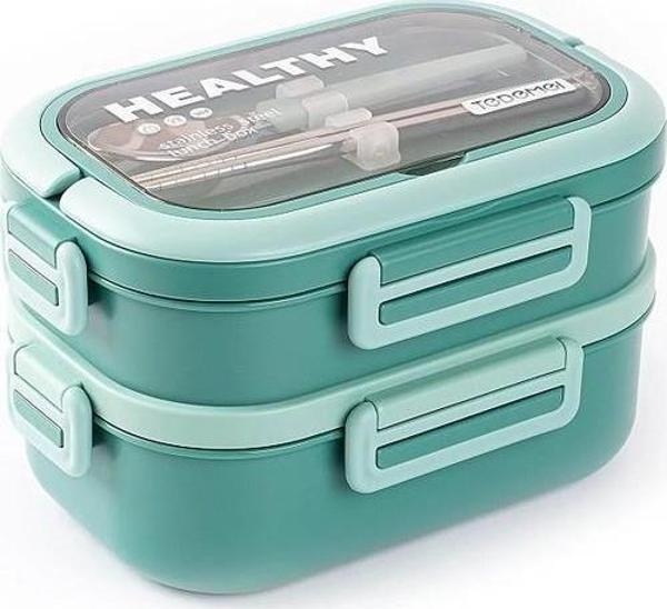 Tantitoni Yeşil Paslanmaz Dikdörtgen 2 Katlı Chopstıck ve Kaşıklı Yemek Taşıma Kabı 1.65L - Image 1