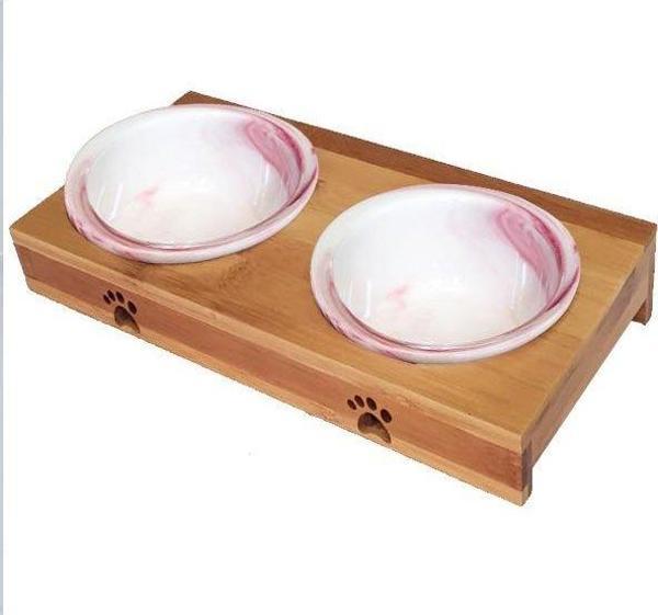 Ahşap Sehpalı İkili Pembe Seramik Mama Kabı - Image 1