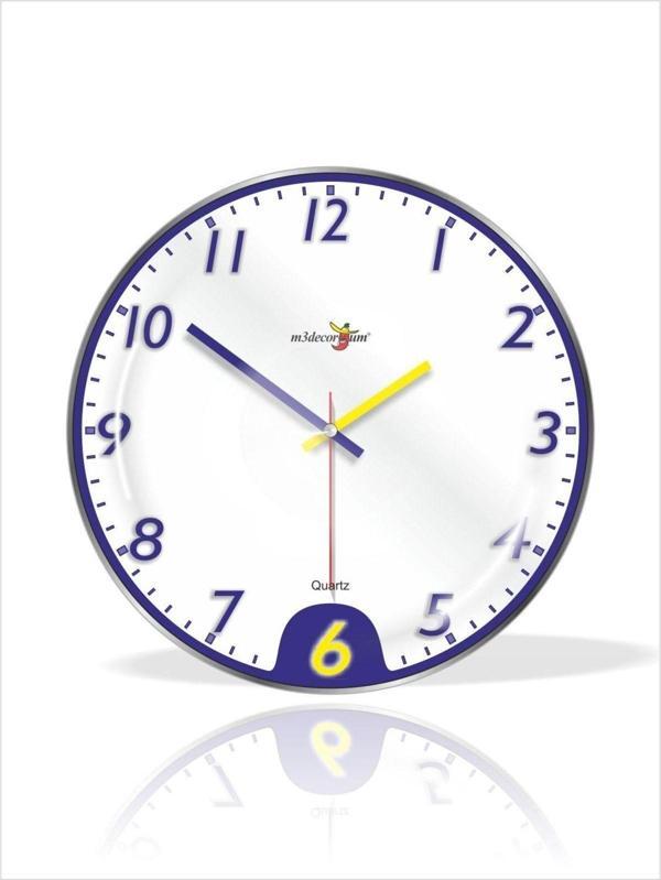 M3Decorium Büyük 35 Cm Bombe Camlı Sarı Lacivert Beyaz Sessiz Duvar Saati - Image 1